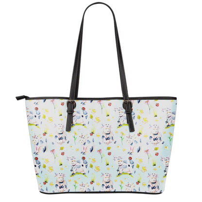Watercolor Cartoon Cow Pattern Print Leather Tote Bag