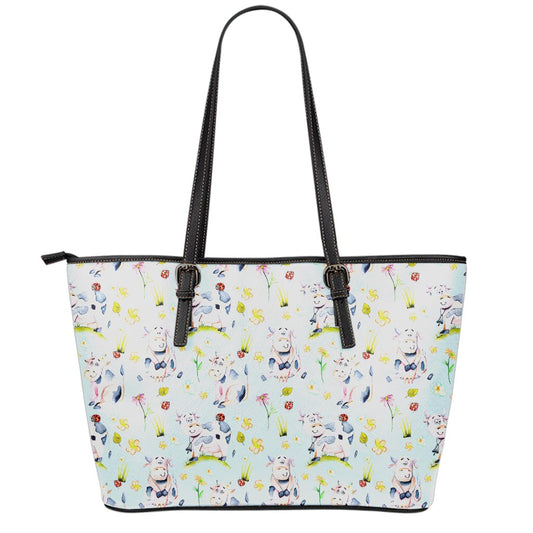Watercolor Cartoon Cow Pattern Print Leather Tote Bag