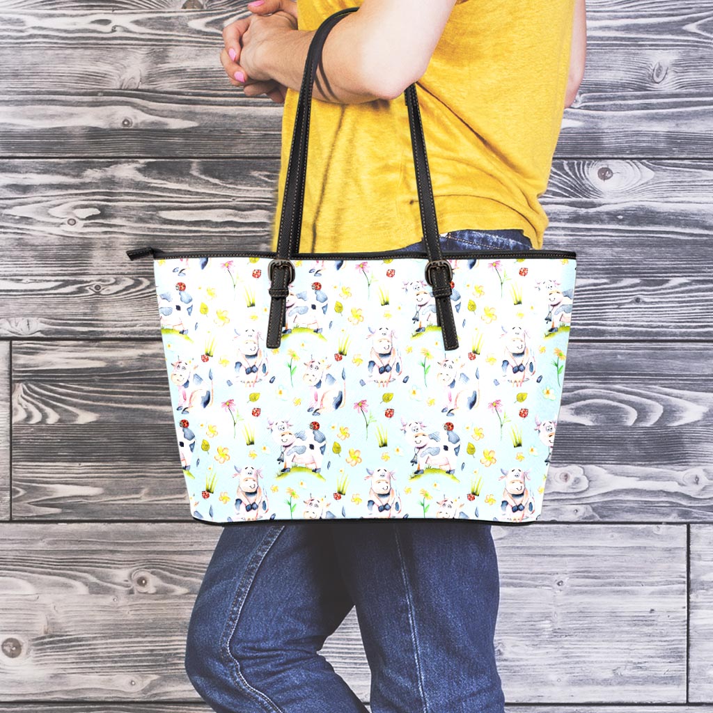 Watercolor Cartoon Cow Pattern Print Leather Tote Bag