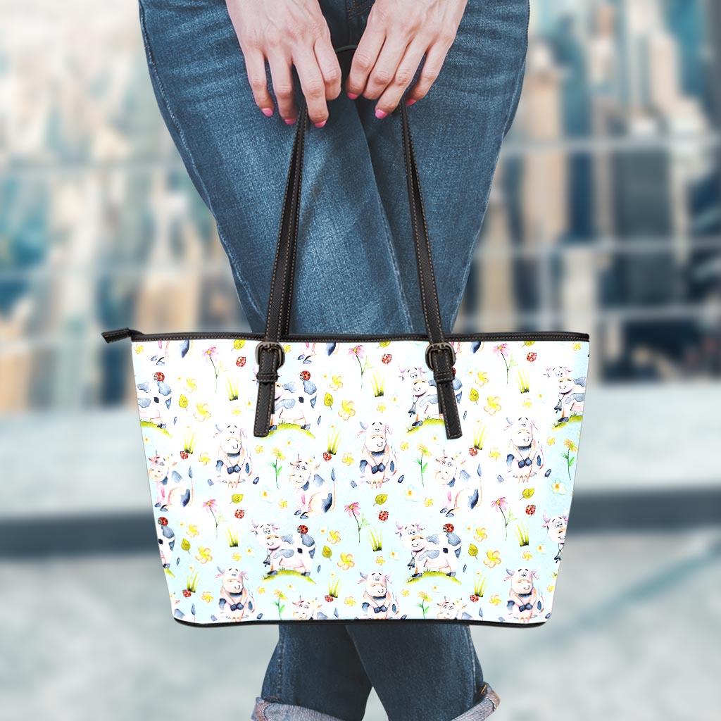 Watercolor Cartoon Cow Pattern Print Leather Tote Bag