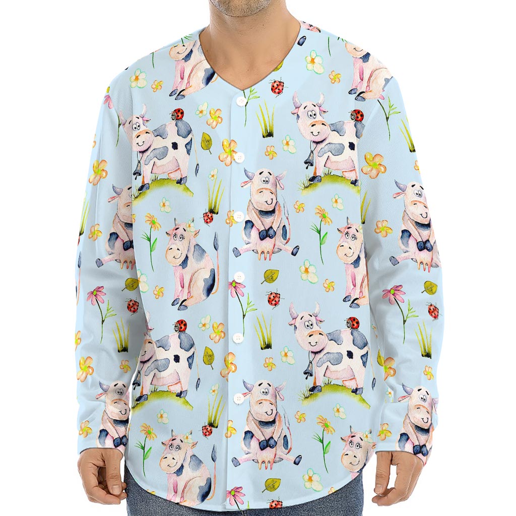 Watercolor Cartoon Cow Pattern Print Long Sleeve Baseball Jersey