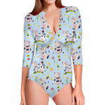 Watercolor Cartoon Cow Pattern Print Long Sleeve Swimsuit