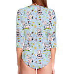 Watercolor Cartoon Cow Pattern Print Long Sleeve Swimsuit