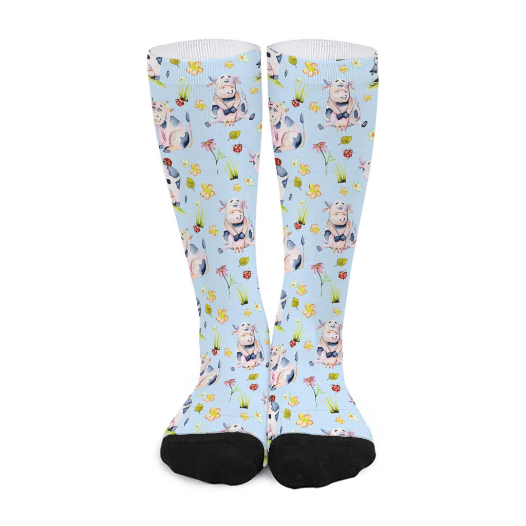 Watercolor Cartoon Cow Pattern Print Long Socks