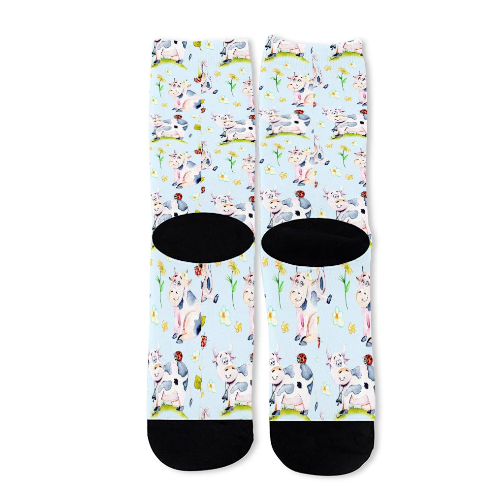 Watercolor Cartoon Cow Pattern Print Long Socks