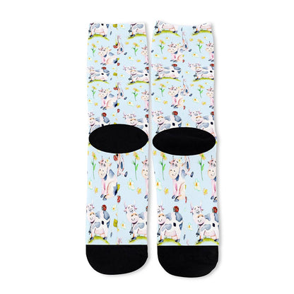 Watercolor Cartoon Cow Pattern Print Long Socks
