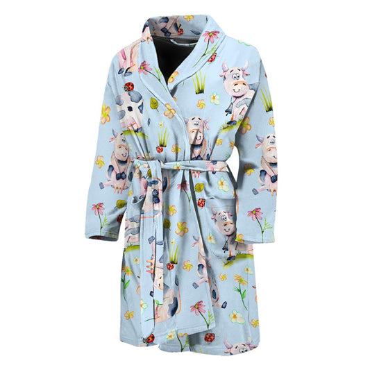 Watercolor Cartoon Cow Pattern Print Men's Bathrobe
