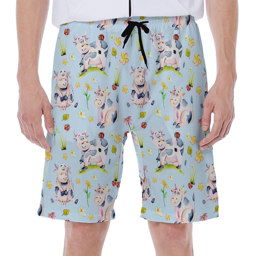 Watercolor Cartoon Cow Pattern Print Men's Beach Shorts