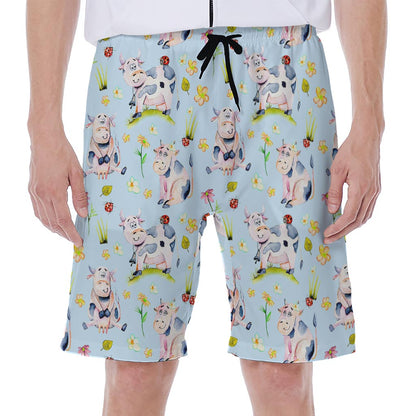 Watercolor Cartoon Cow Pattern Print Men's Beach Shorts