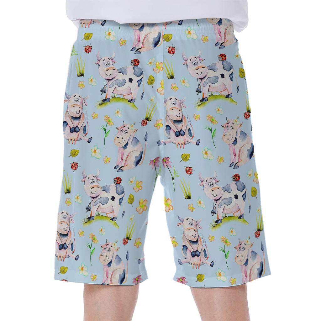 Watercolor Cartoon Cow Pattern Print Men's Beach Shorts