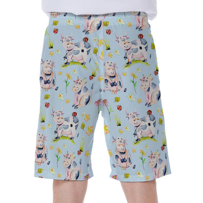 Watercolor Cartoon Cow Pattern Print Men's Beach Shorts