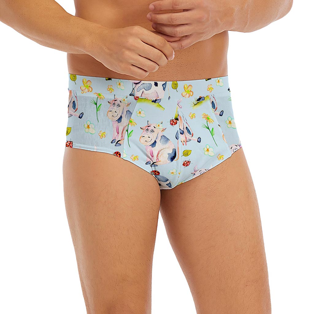 Watercolor Cartoon Cow Pattern Print Men's Briefs