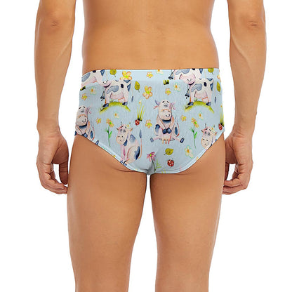 Watercolor Cartoon Cow Pattern Print Men's Briefs
