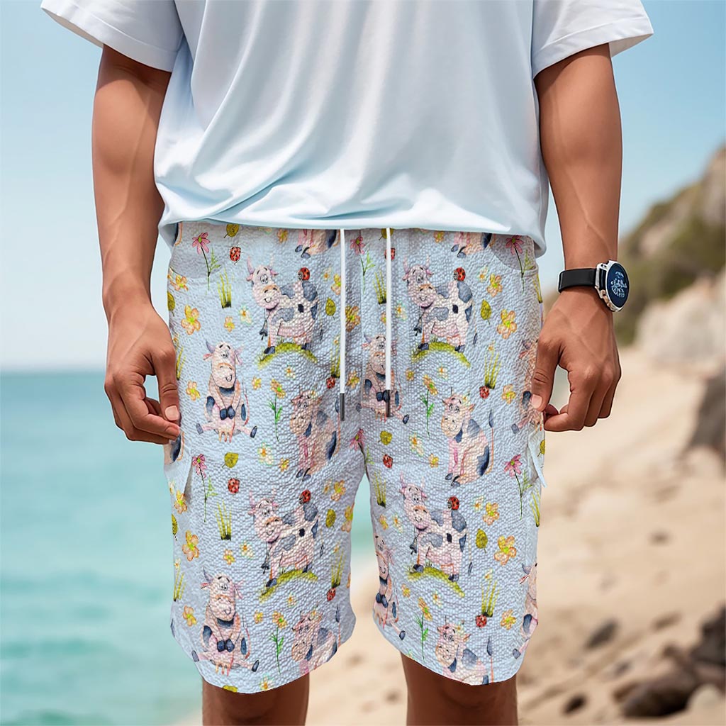 Watercolor Cartoon Cow Pattern Print Men's Cargo Shorts