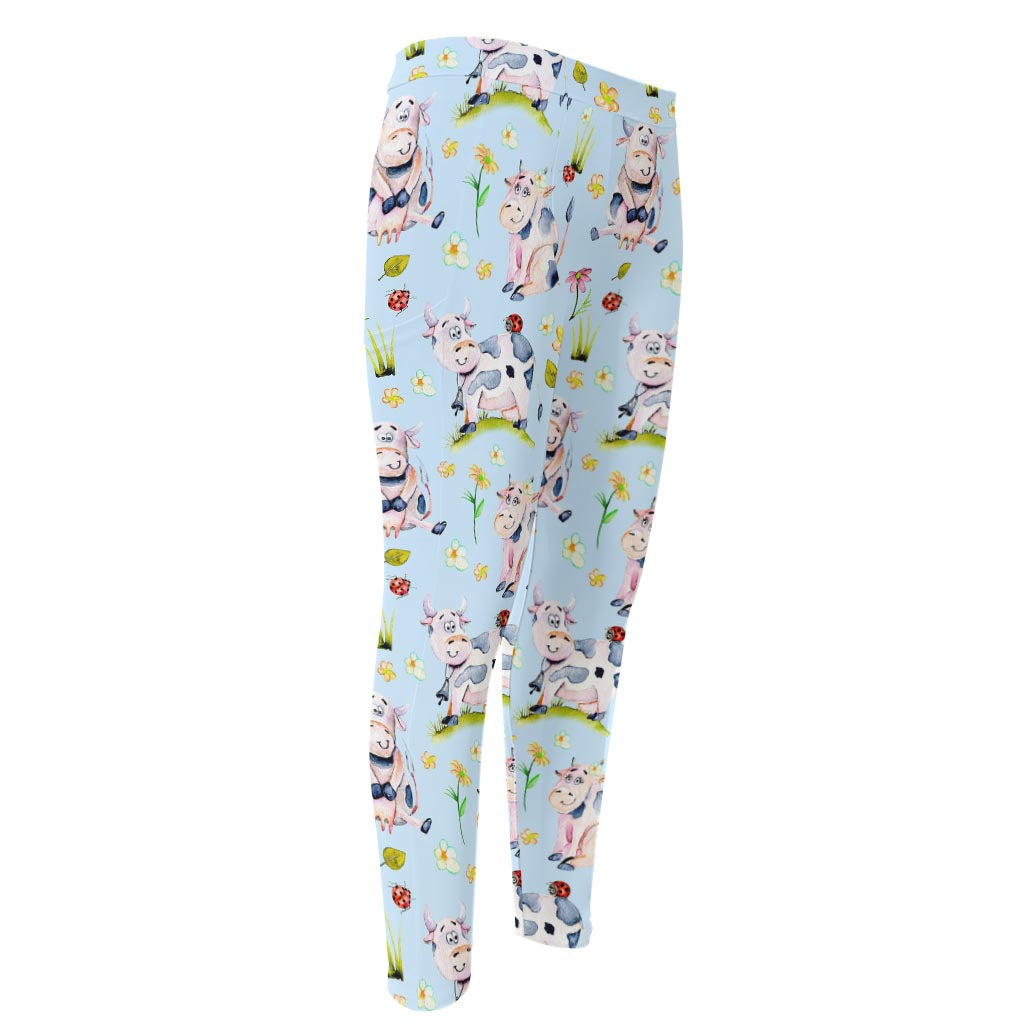 Watercolor Cartoon Cow Pattern Print Men's Compression Pants
