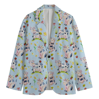 Watercolor Cartoon Cow Pattern Print Men's Cotton Blazer
