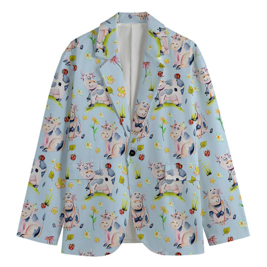 Watercolor Cartoon Cow Pattern Print Men's Cotton Blazer
