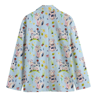 Watercolor Cartoon Cow Pattern Print Men's Cotton Blazer