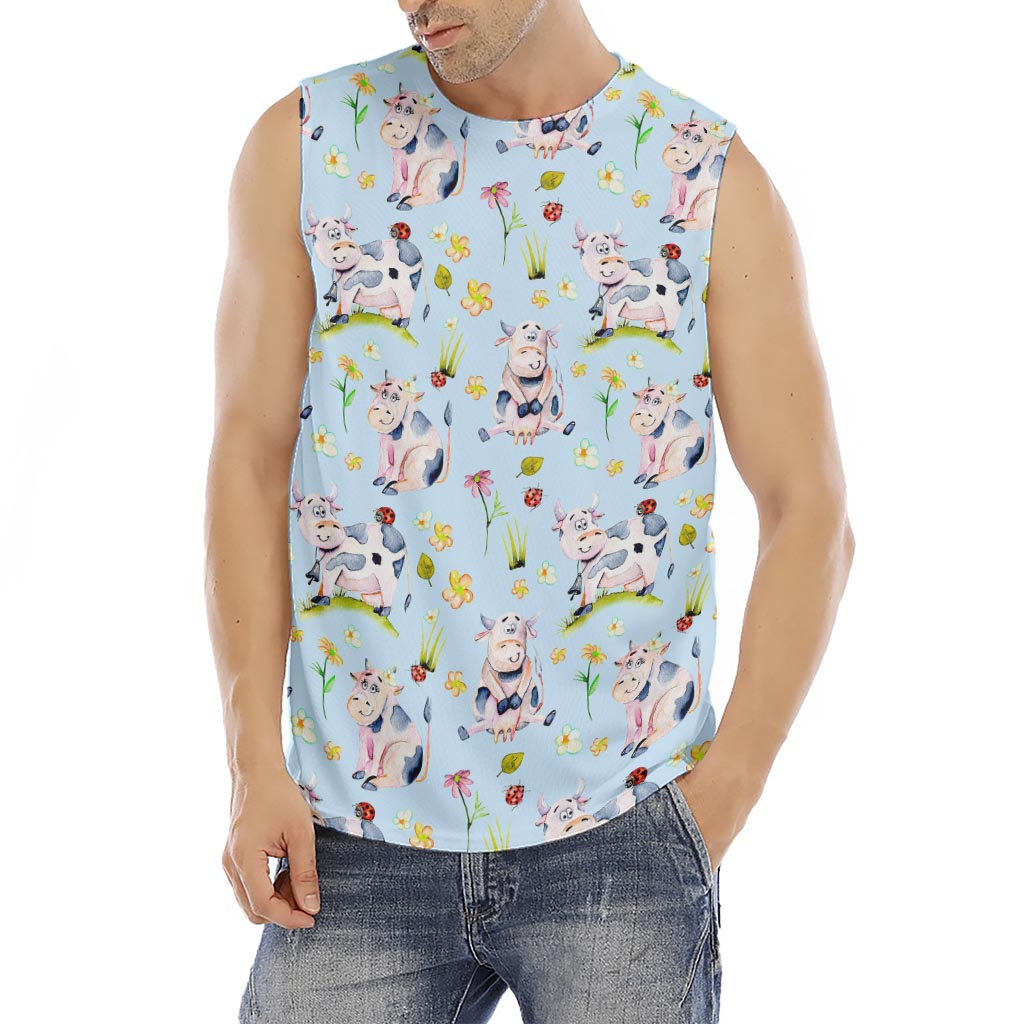 Watercolor Cartoon Cow Pattern Print Men's Fitness Tank Top