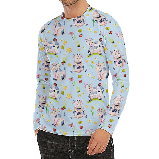 Watercolor Cartoon Cow Pattern Print Men's Long Sleeve Rash Guard