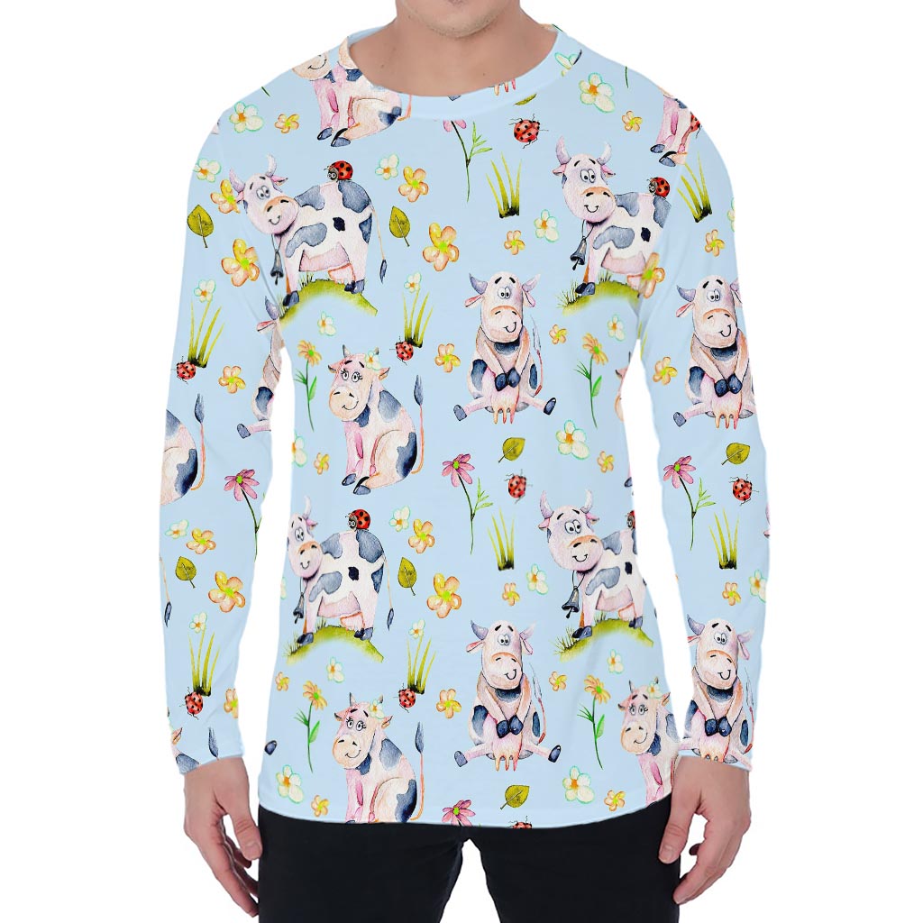 Watercolor Cartoon Cow Pattern Print Men's Long Sleeve T-Shirt