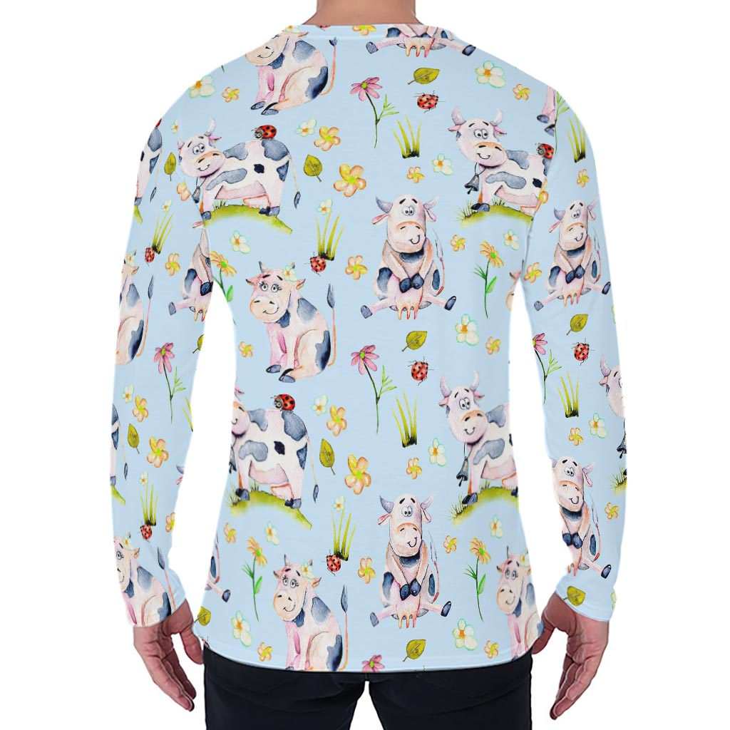 Watercolor Cartoon Cow Pattern Print Men's Long Sleeve T-Shirt