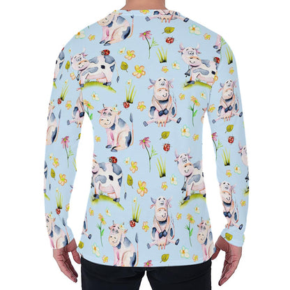 Watercolor Cartoon Cow Pattern Print Men's Long Sleeve T-Shirt