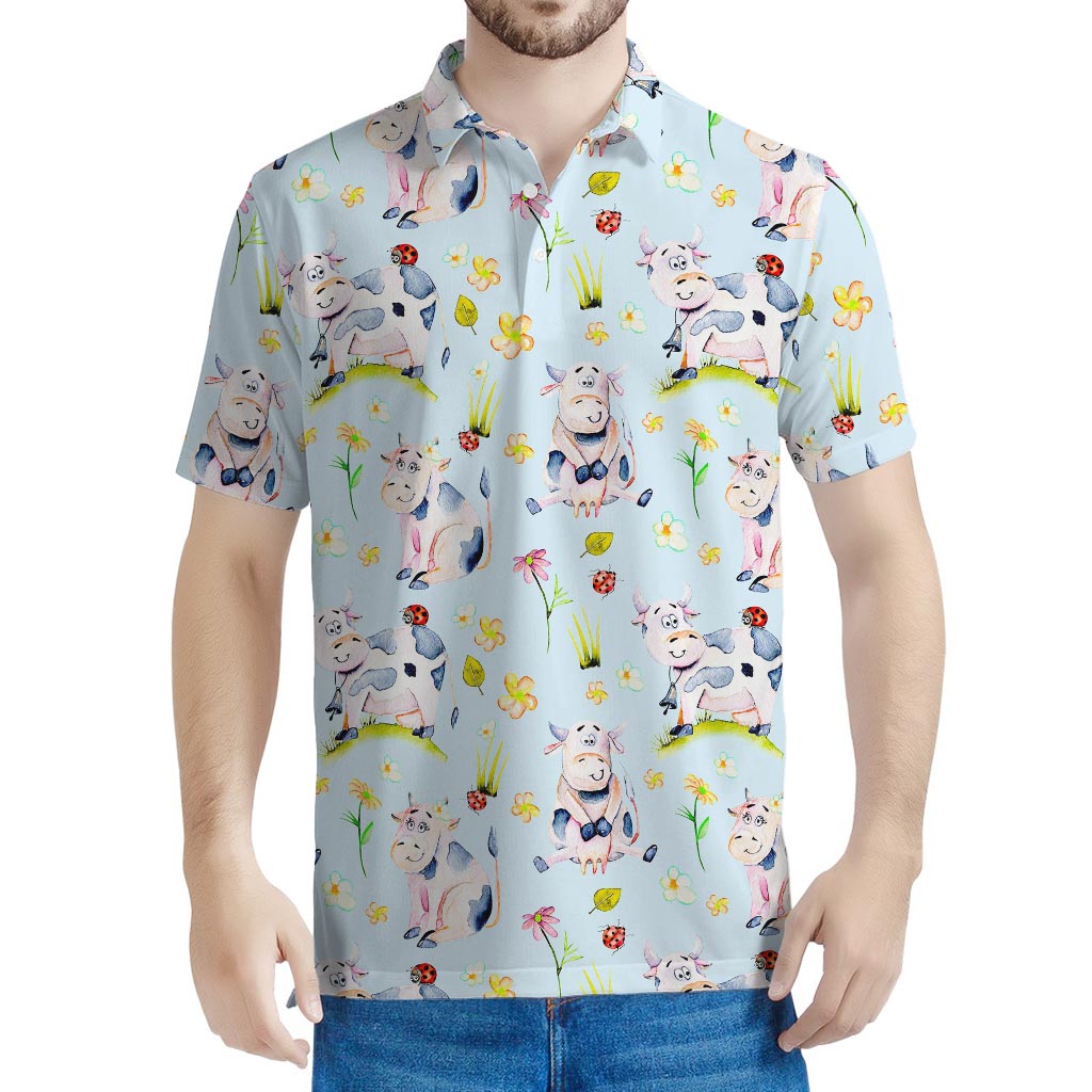 Watercolor Cartoon Cow Pattern Print Men's Polo Shirt