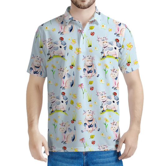 Watercolor Cartoon Cow Pattern Print Men's Polo Shirt