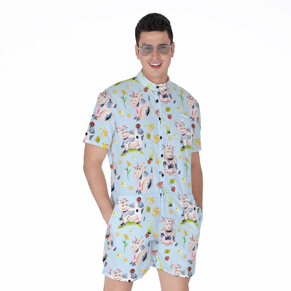 Watercolor Cartoon Cow Pattern Print Men's Rompers