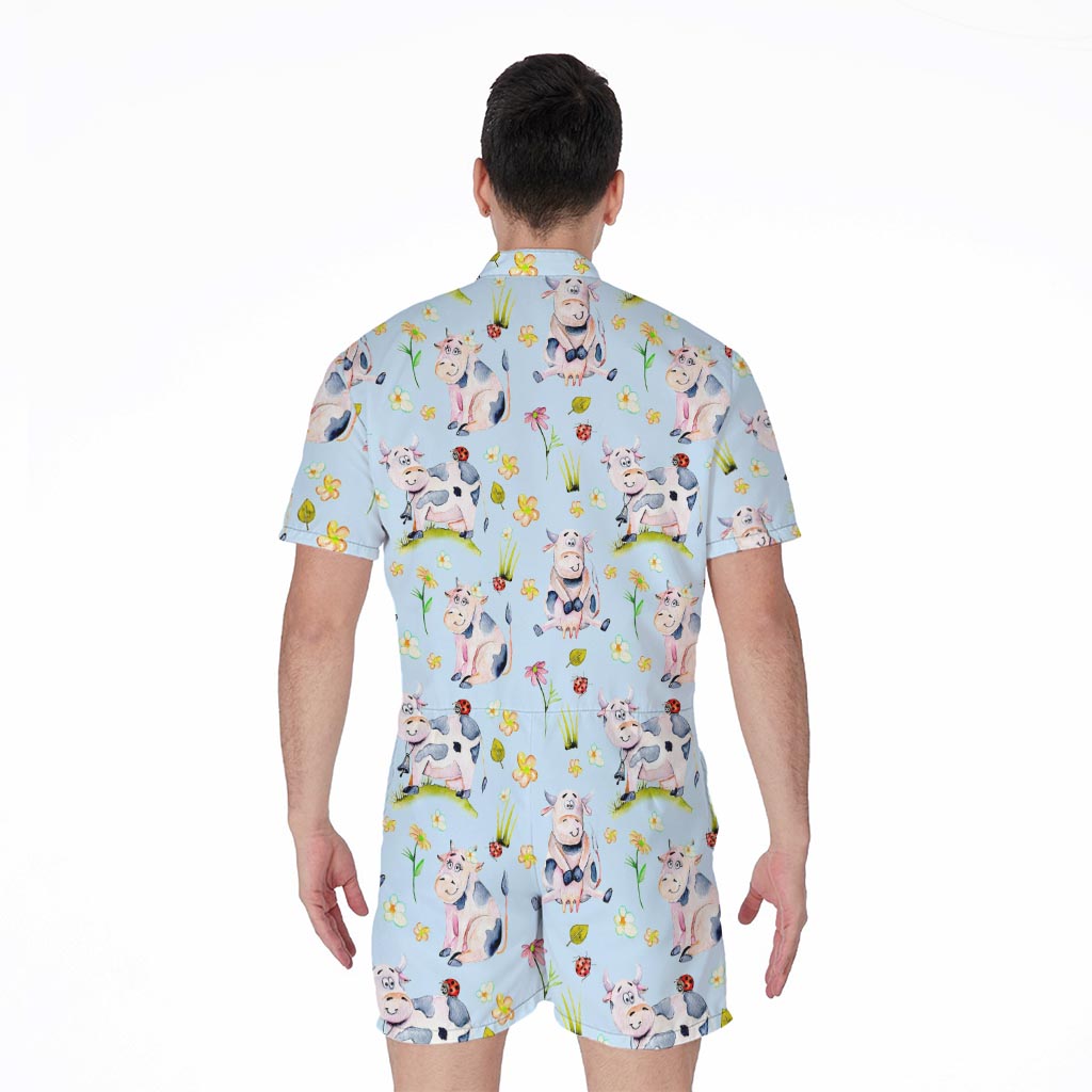 Watercolor Cartoon Cow Pattern Print Men's Rompers