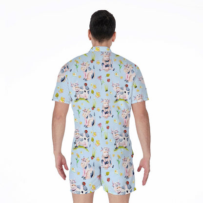 Watercolor Cartoon Cow Pattern Print Men's Rompers