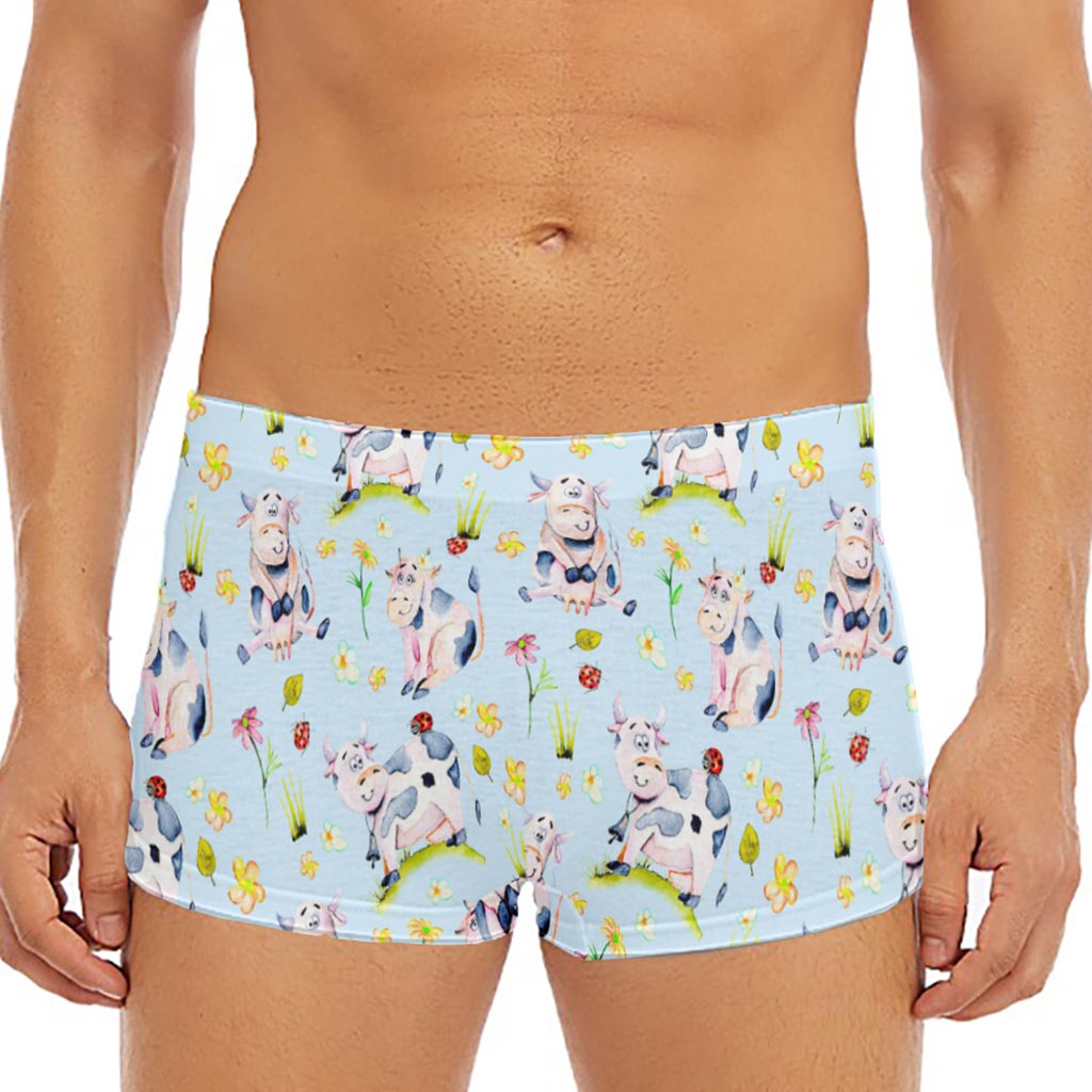 Watercolor Cartoon Cow Pattern Print Men's Short Boxer Briefs