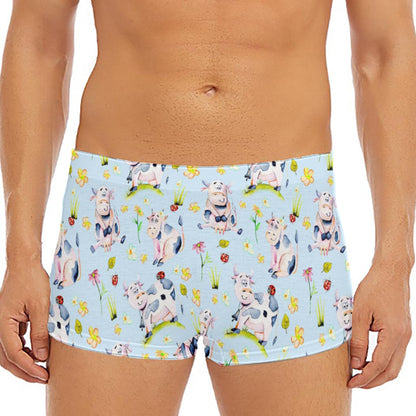 Watercolor Cartoon Cow Pattern Print Men's Short Boxer Briefs