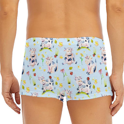 Watercolor Cartoon Cow Pattern Print Men's Short Boxer Briefs
