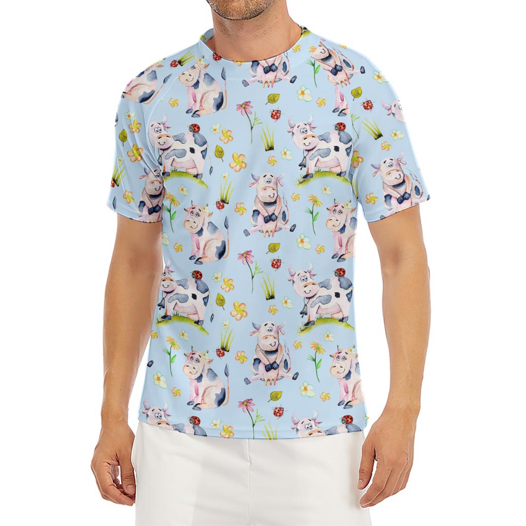 Watercolor Cartoon Cow Pattern Print Men's Short Sleeve Rash Guard