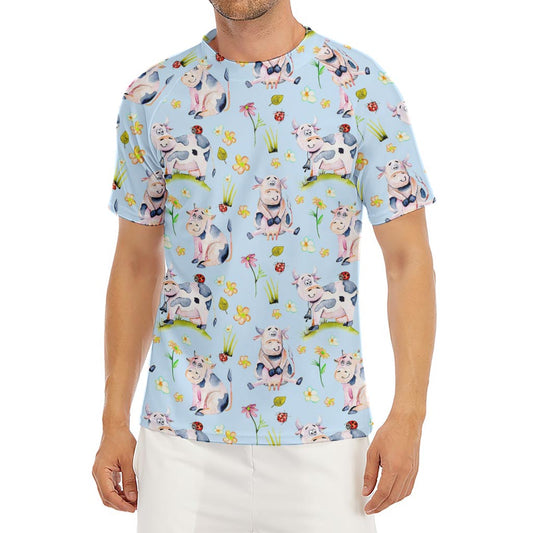 Watercolor Cartoon Cow Pattern Print Men's Short Sleeve Rash Guard