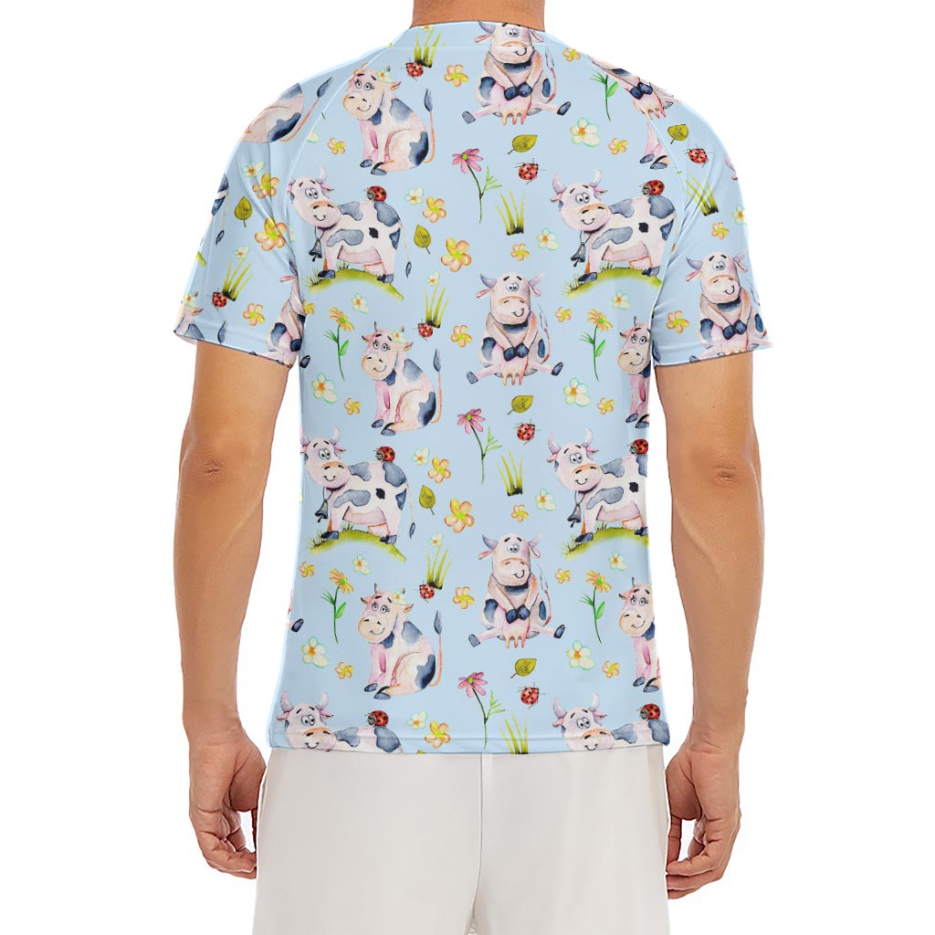Watercolor Cartoon Cow Pattern Print Men's Short Sleeve Rash Guard