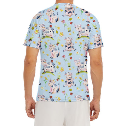 Watercolor Cartoon Cow Pattern Print Men's Short Sleeve Rash Guard