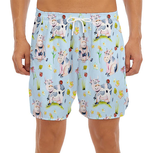 Watercolor Cartoon Cow Pattern Print Men's Split Running Shorts