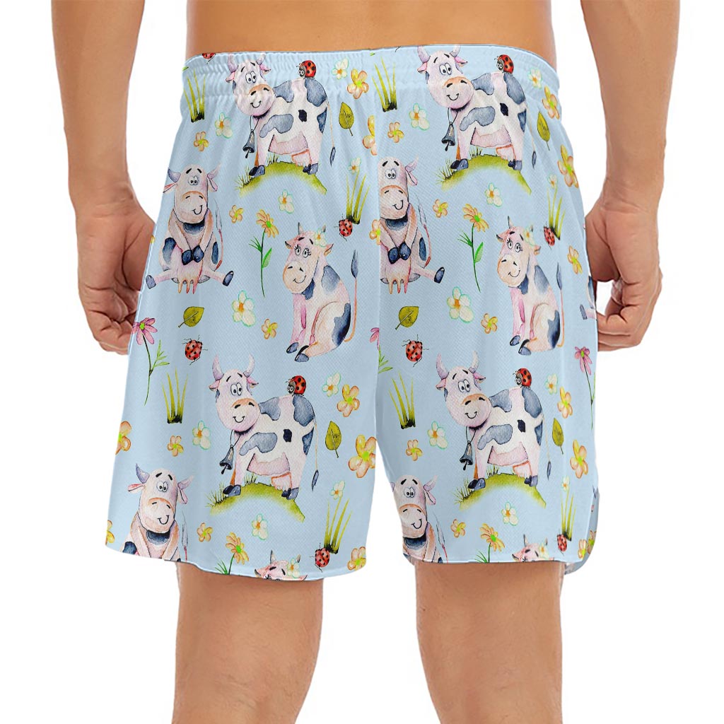 Watercolor Cartoon Cow Pattern Print Men's Split Running Shorts