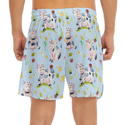 Watercolor Cartoon Cow Pattern Print Men's Split Running Shorts