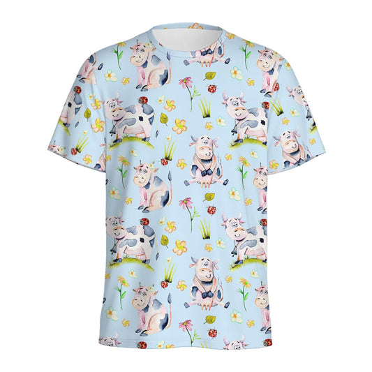 Watercolor Cartoon Cow Pattern Print Men's Sports T-Shirt