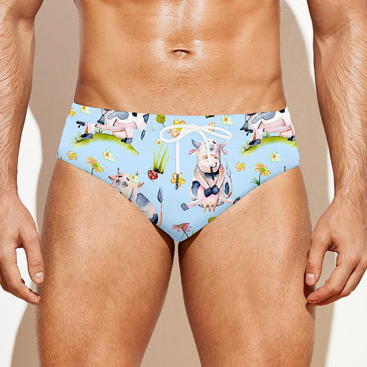 Watercolor Cartoon Cow Pattern Print Men's Swim Briefs