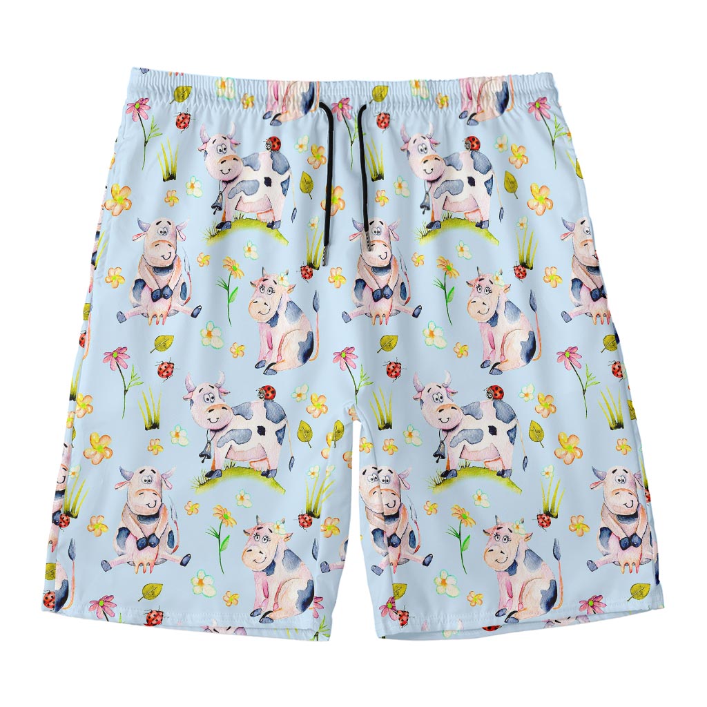 Watercolor Cartoon Cow Pattern Print Men's Swim Trunks
