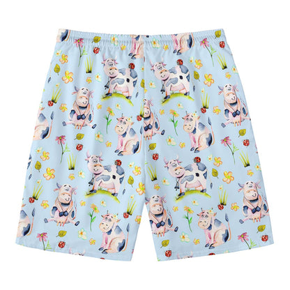 Watercolor Cartoon Cow Pattern Print Men's Swim Trunks