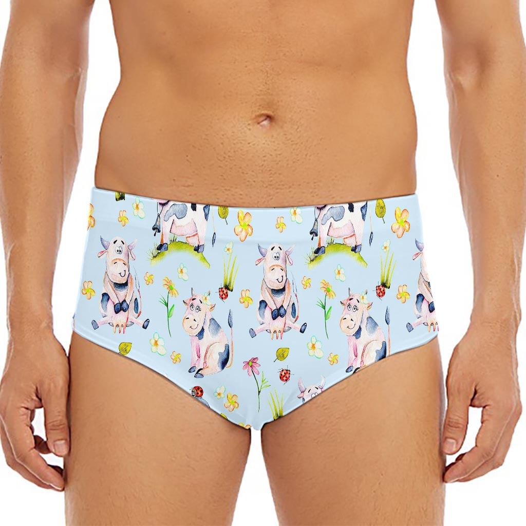 Watercolor Cartoon Cow Pattern Print Men's Triangle Swim Briefs