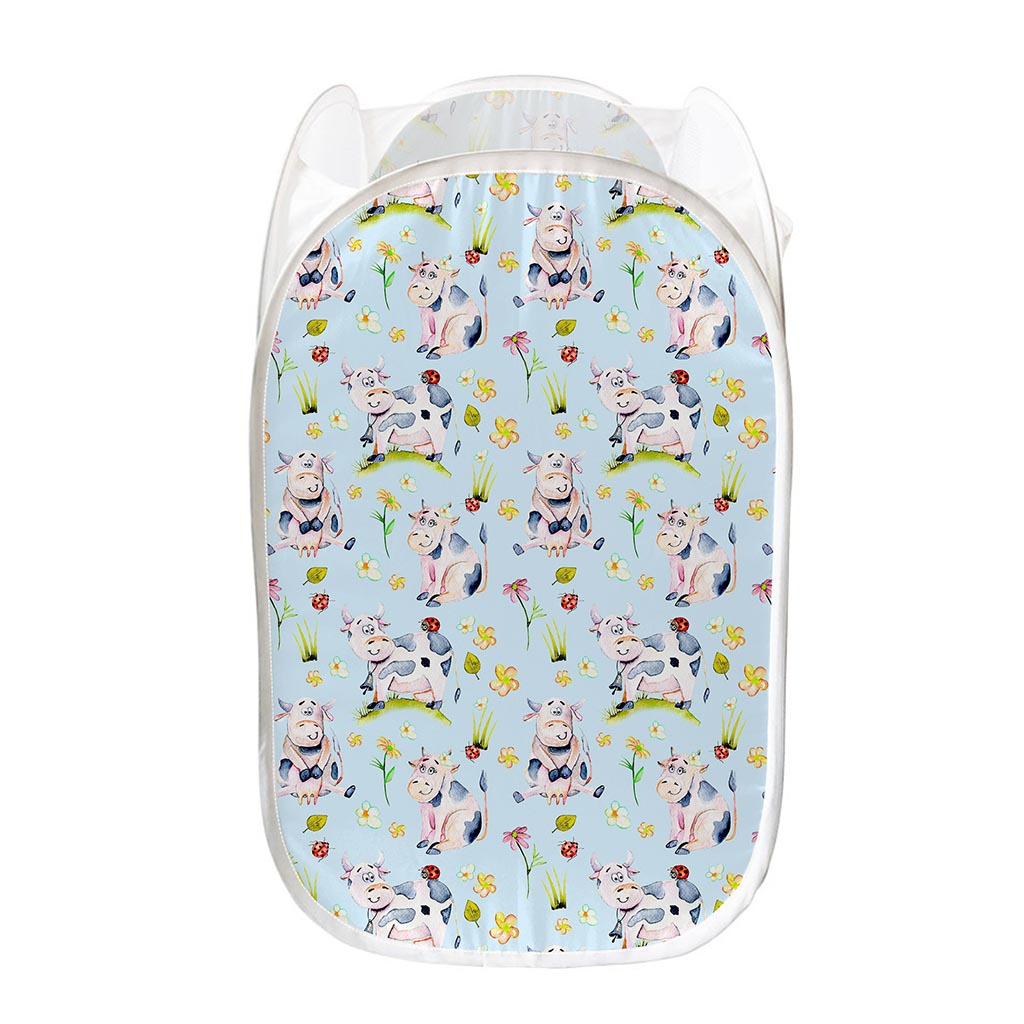 Watercolor Cartoon Cow Pattern Print Mesh Laundry Hamper