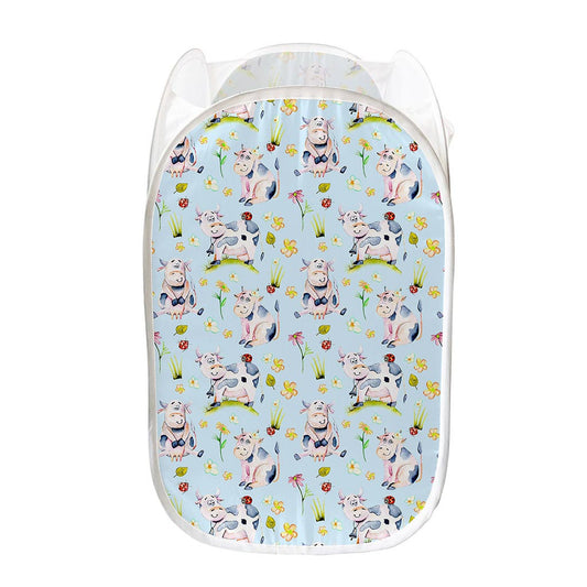 Watercolor Cartoon Cow Pattern Print Mesh Laundry Hamper
