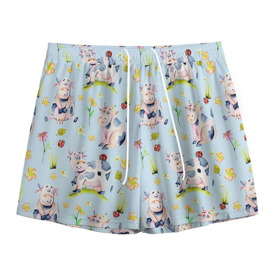 Watercolor Cartoon Cow Pattern Print Mesh Shorts